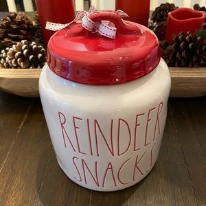Rae Dunn “reindeer snacks” canister